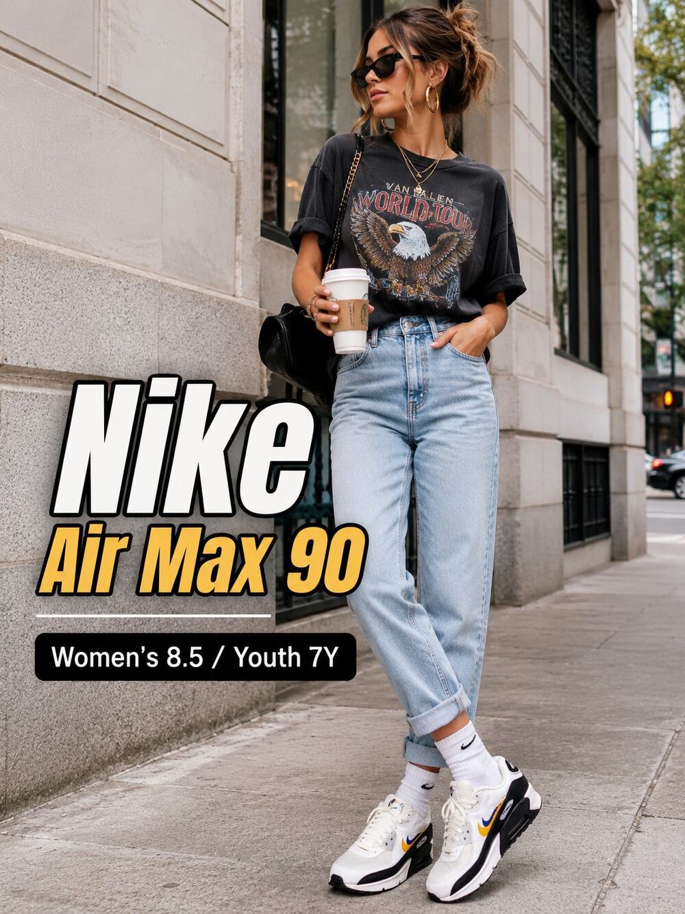 Nike Air Max 90 White Black Yellow Blue Sneakers Size 8.5W 7Y